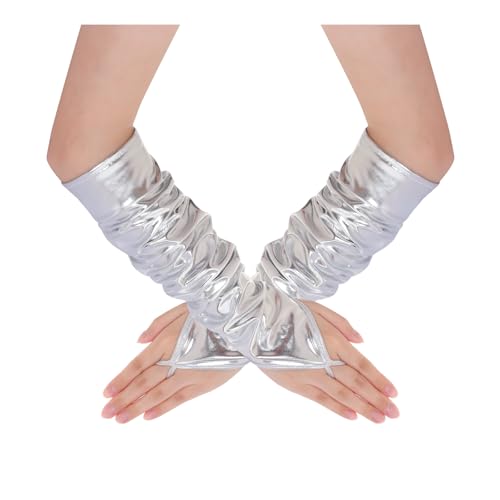 Heliltd 1 pair Metallic Silver Fingerless Gloves Long Satin Opera Style Elbow Length Arm Sleeves Shiny Party Rave Costume Accessories