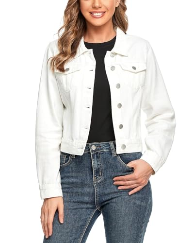 andy & natalie Women's Denim Jacket Trendy Long Sleeve Basic Button Down Cropped Jean Jacket with Pockets White Small
