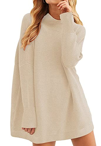 Hormtaer Pullover Damen Winter Rollkragen Pulloverkleid Einfarbig Strickkleid Casual Lose Oversized Strickpullover Langarm Oberteile Pulli (Aprikose, M) Cover