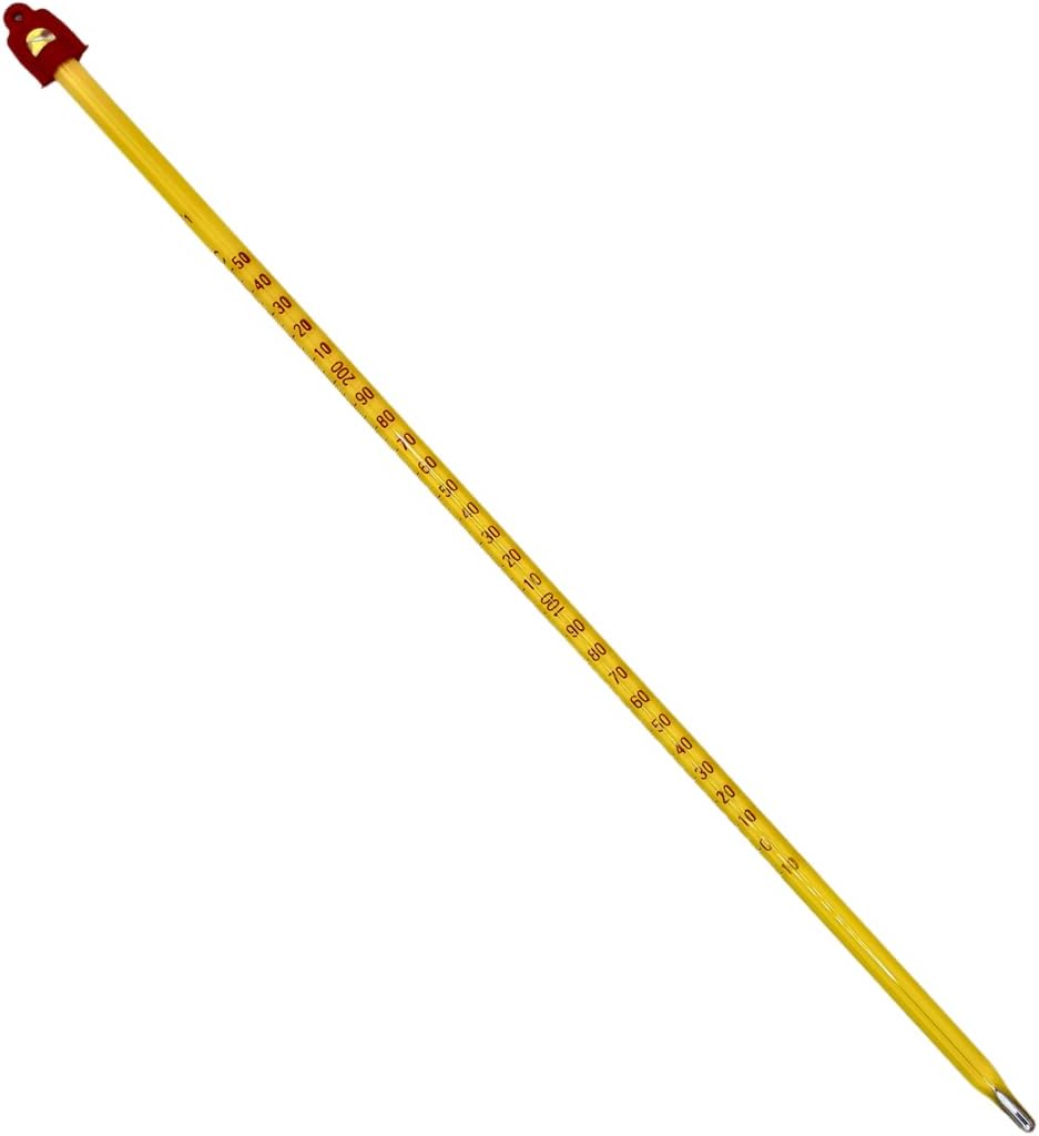 glass Mercury thermometer 0 to 360 degrees celsius 300mm long for laboratory industrial and household temperature measurement of liquids milk and chemicals with plastic case , Yellow