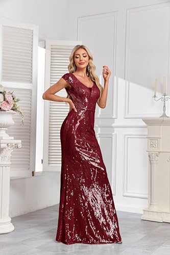 Image of XUIBOL Womens Sequined Short Sleeves Long Formal Dress with V-Neck for Evening Event Nightout Club Gown Silver Paillette