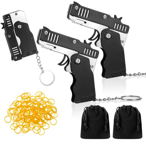 Herdear 2 Jouets de Pistolets à Élastique Pliables en Métal Jouets de Tirer l'Élastique en Caoutchouc à Porte-Clés Portable avec 120 Bandes de Caoutchouc...