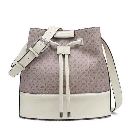 Calvin Klein Women's Ash Crossbody Bag – Vegan Leather, Monogram, 2 Pockets, Almond/Taupe/Cherub White, One Size
