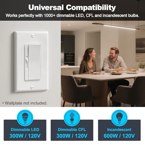 Image of BESTTEN 24 Pack Super Slim Dimmer Light Switch for 300W Dimmable LED /CFL Lights and 600W Incandescent /Halogen, Single Pole /3-Way LED Slide Dimmer, ETL Listed, White