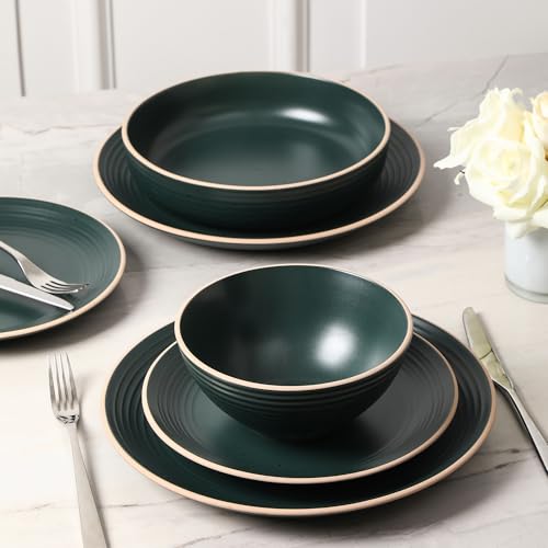 Image of Stone Lain Lauren Modern Stoneware 16-piece Round Dinnerware Set, Plates and Bowls Set, Dish set for 4, Dark Green