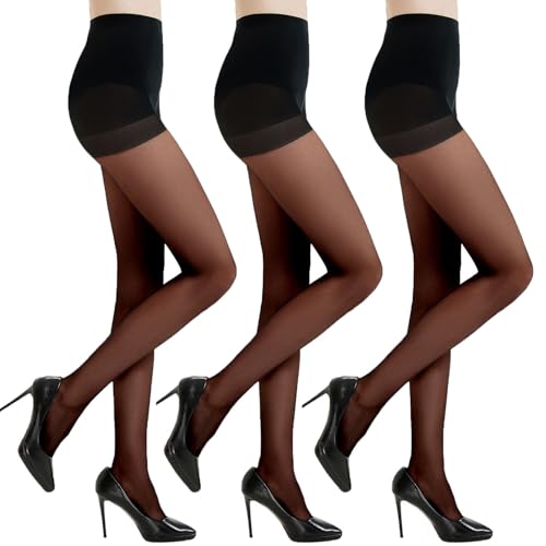 3 Pairs Women's Sheer Tights - 20D Balck Tights Non Rip Control Top Pantyhose for Reinforced Toes