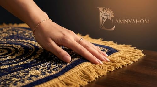 Image of Premium Prayer Mat /Aasan for Home Temple & Meditation | Soft Velvet Touch Cushioned Pooja Mat with Tassels | Washable Floor Rug for Mandir, Yoga, Sitting Mat | 20 x 20 Inch (Blue)