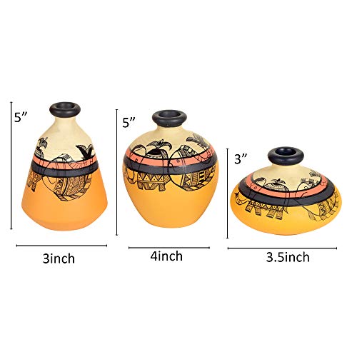 Image of Aakriti Art Creations Yellow Terracotta Vases with Madhubani Tattoo Art Set of 3 | Hand-Painted Flower Vases | Matte Finish Decorative Vases for Living Room, Table Decor & Gifting