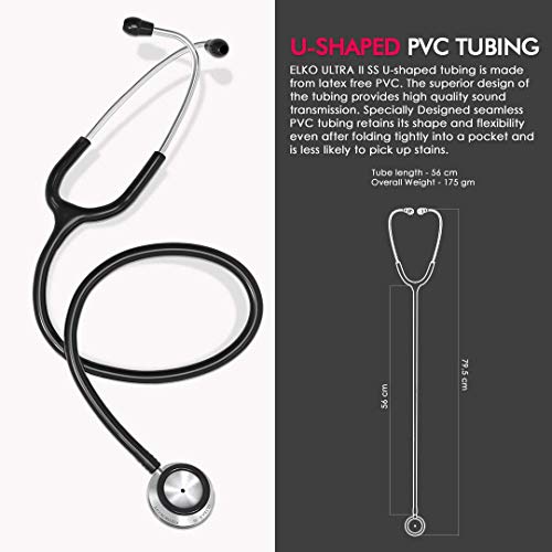 Image of ELKO EL-140 ULTRA II SS Stainless Steel Acoustic Stethoscope | For Doctors, Medical Students & Healthcare Professionals | Dual Head Chestpiece | 5.5mm Brass Pipe Frame | U-Shaped PVC Tubing (Black)