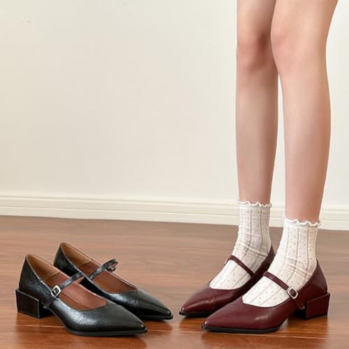 Women's Pointed Toe Block Heel Mary Jane Shoes Pointed Toe Buckle Strap Mary Janes Chunky Heeled Flats4