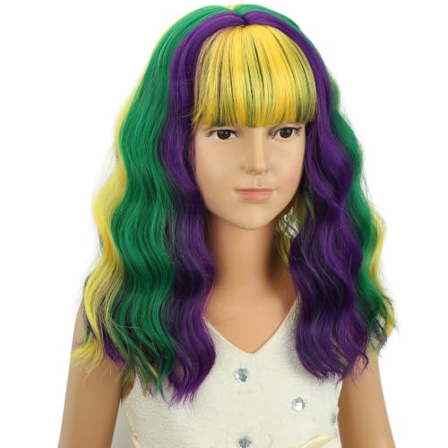 Image of Mardi Gras Wig Yellow Purple Mixed Green Wig with Air Bangs Short Rainbow Wavy Curly Wigs Synthetic Cosplay Hair for Halloween