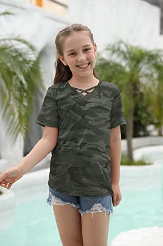 Girls Camouflage Short Sleeve T-Shirts Sweat Criss Cross V-Neck Loose Kids Casual Sport Tops Size 12-13 Years Green #TOP1
