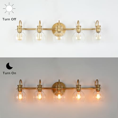 KSANA Bathroom Vanity Light, 5-Light Large Gold Wall Light Fixtures, Modern Vanity Lights Over Mirror with Globe Clear Glass Shades by KSANA - Image 6