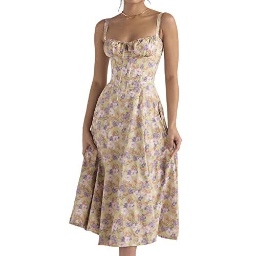 BBIQI Vestido feminino maxi floral de verão com decote quadrado sem mangas, costas nuas, sexy, casua