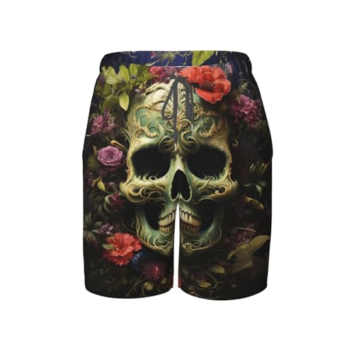 Boys Swim Trunks Beach Board Shorts Summer Bathing Suits Teen Kids, Skull Flowers Weed