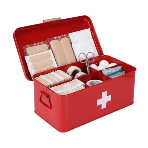 Punorric Medicine Storage Box, Metal First Aid Box with 4 Compartments, Medicine Cabinet Organiser with Handle, Medication Storage for Home, Office, Outdoor Emergency Use, 32.5 x 17 x 13 cm