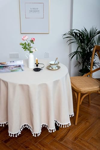 Nappe ronde 200 cm coton lin beige à pompons lavable Daesar - 3