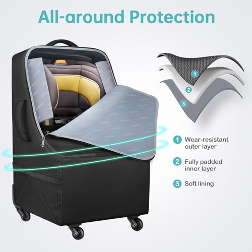 Image of YOREPEK Padded Car Seat Travel Bag for Airplane with Wheels | 4 Spinner Wheels & Stable Base, Shoulder Straps, Extra Pocket for Baby Travel Essentials, Car Seat Carrier for Airport