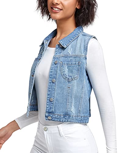 Xeoxarel Women's Denim Vest, Sleeveless Jean Jacket, Classic Crop Distressed Buttoned Washed Chest Pockets (Blue, Large) #TOP7