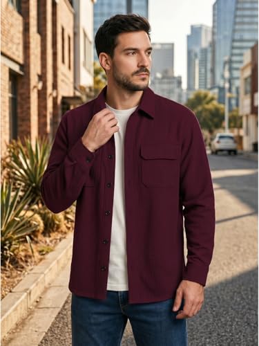 Image of DEELMO Men's Cotton Polyester Corduroy Shirt with Textured Pattern Spread Collar Full Sleeves Dual Pocket Front and Button Down Closure | Textured Shirts for Men | Shirts for Men Stylish