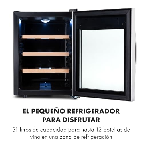 Klarstein Vinoteca 12 Botellas, Nevera Expositora Vino y Cerveza de Una Zona, Pequeña, Interior y Exterior con Puerta de Cristal, Protección UV, Panel Táctil, 4-22°C - imagen 3