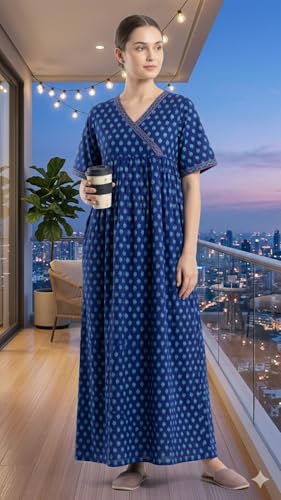 Image of Evolove Cotton Nighty Maxi for Women with Side Pocket | Floral Print Round Neck Short Sleeves Full Length Night Wear Gown