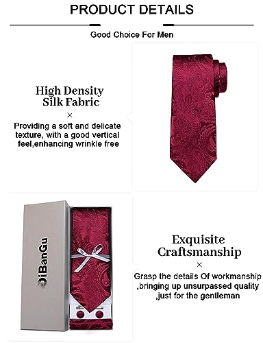 Image of DiBanGu Paisley Ties for Men Silk Necktie and Pocket Square Cufflinks Tie Clip Set Woven Classic Mens Tie for Wedding Party