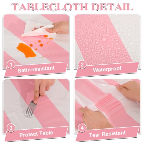 Image of 3 Pack Pink Striped Tablecloth, 54 x 108Inch Pink and White Striped Tablecloth Pink Carnival Theme Party Decorations Waterproof Plastic Table Cloth for Birthday Picnic Baby Shower Wedding Halloween