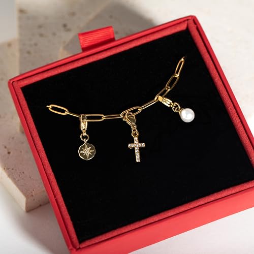 Charm Bracelet for Women, Charm Bracelet with Charms, Pearl Compass Cross Charms, Handmade Jewelry, Gold Bracelets for Women4
