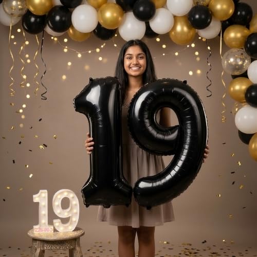 Image of Balloonistics Black 40-Inch Foil Number 19 Balloon with Matching LED Marquee Light - Combo Set for 19th Birthday, Anniversary, Party Decoration, Photo Booth Backdrop