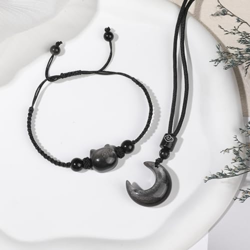 Black Obsidian Cat Bracelet and Moon Pendant Necklace Jewelry Set-Cat Lover Gifts,Wealth Attraction,Good Luck,Bead Bracelet,Mindfulness,Beaded Bracelets, Obsidian Pendant Necklace-Cute Gifts for Women4