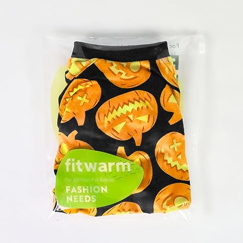 Image of Fitwarm Halloween Pumpkin Dog Pajamas, Funny Dog Winter Clothes for Small Dogs Girl Boy, Pet Jumpsuit, Cat Halloween Costumes with Feet, Lightweight Velvet, Black, Orange, Medium
