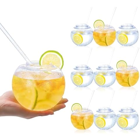URMONA Fish Bowls Party Cups for Drinks with Lids and Straws (20 oz), Plastic Sphere Shaped Reusable Drinking Cups - Great for Kids, Parties Supplies and Outdoor Use (Set of 9) Cover