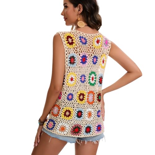 Crochet African Flower Granny Square Crochet Vest, Color Block Sweater, Knitted Multicolor Open Front Cardigan4