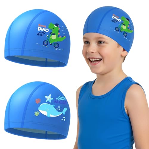 Fiohiros 2 Pack Kids Swim Caps & Hats, Boys & Girls Swimming Caps with PU Waterproof Coating, Nylon Lightweight Quick-Dry Soft Swim Hat Fit Head 45-55cm, Aged 4-12 (2 Pack Blue)