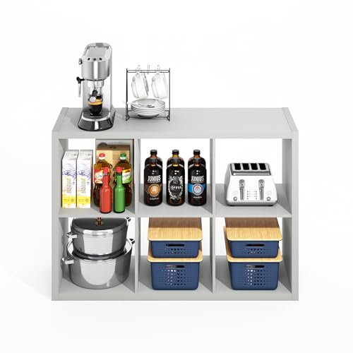 Image of Furinno HERMITE Kitchen Island, 6-Cube Coffee Bar, Extra Thick Kitchen Storage, Bakers Rack, for Pantry Organizers and Storage, Kitchen Organization, Light Grey