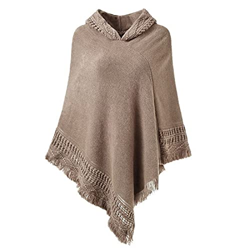 Women's Hooded Cape with Fringed Hem, Crochet Poncho Shawls Knitting Wrap Coats Hoodies Sweater Tops (Khaki, One Size)