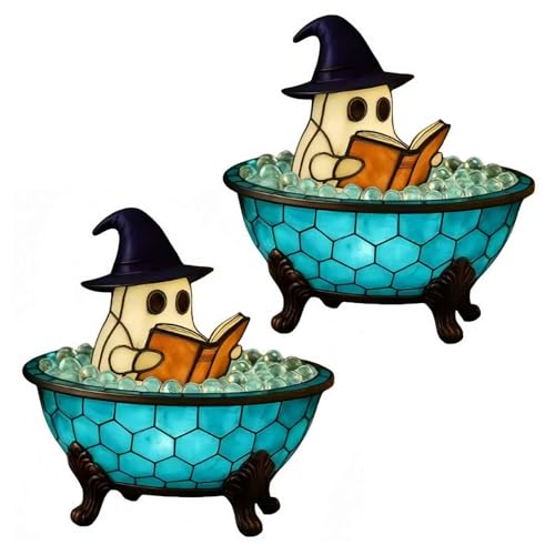 Halloween Party Reading Book Lamp Ghost Night Light Stained Glass Pumpkin Lamp Gothic Table Lamp Indoor Fall Decor Halloween Decorations for Party or Gifts (Multicolor 01-2PC)