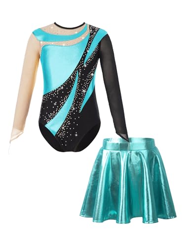 Miaeowve Akrobatik Anzug Mädchen Mit Rock Kinder Metallic Gymnastikanzug Langarm Ballettbody Strass Glitzer Turntrikot Wettbewerb Tanzkostüm Türkis 122-128
