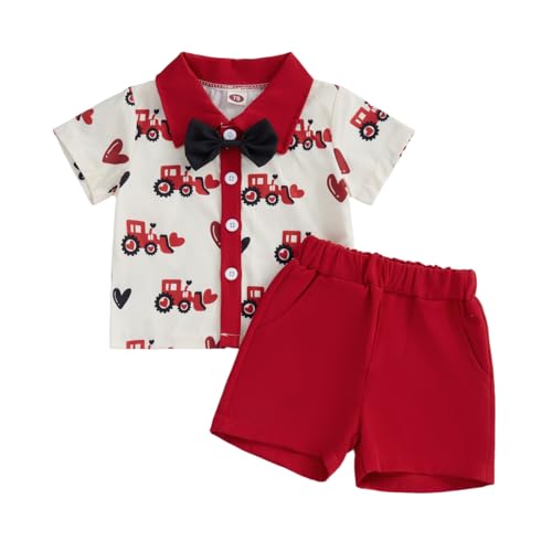 Image of AUJUBUY Toddler Boys Valentines Day Outfit Button Up Short Sleeve Shirt And Shorts Set 2Pcs Valentine Baby Boy Clothes
