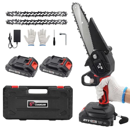HITRENDS 6 Inch Mini Chainsaw Cordless, Powerful 21V with 2-Pack Charger, 3 Chains & 2 Gloves, Handheld Electric Saw for Wood Cutting, Tree Trimming, Yard Work & Home Use (Red)