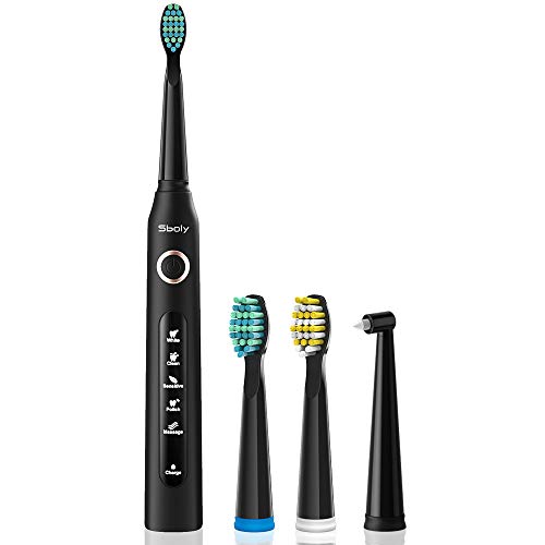 Sboly Spazzolino Elettrico 5 Modalità Opzionali, Spazzolino Sonico Ricaricabile per Adulti e Bambini, Protezione delle Gengive e Sbiancamento dei Denti, Luce Impermeabile Modello Silenzioso 507 Nero