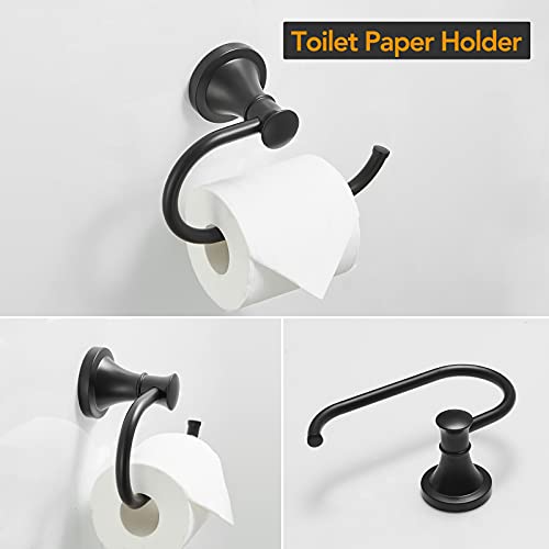 Besy Matte Black 4 Piece Bathroom Accessories Set (Single Towel Bar, Towel Ring, Toilet Paper Holder, Double Towel Hooks), Wall Mounted Bath Hardware Accessory Fixtures Rack Set #TOP3