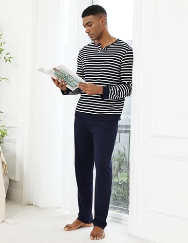 Men's Pajama Set 100% Cotton Mens Pjs Sets Long Sleeve Stripped Top and Pants Sleepwear Lightweight Soft Loungewear2