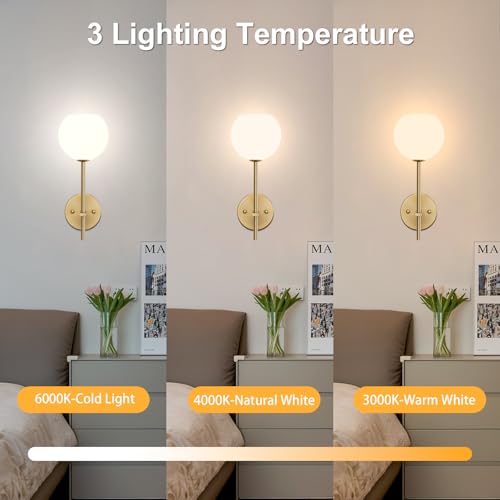 Image of Gold Battery Operated Wall Sconces Set of 2, Rechargeable Wireless Wall Lights with Milky White Frosted Glass Shade, 12 RGB and 3CCT Dimmable, Wall Lamps with Remote for Bedroom Living Room Hallway