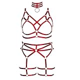 Full Body Harness Bra Plus Size Women's Lingerie Set Punk Gothic Garter Belt Chest Strap Festival Rave (Wine Red)