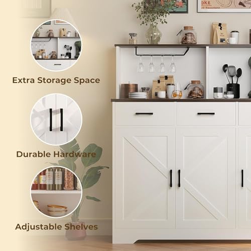 GarveeHome Farmhouse Sideboard Buffet Cabinet with Microwave Stand, Barn Doors Buffet Storage Cabinet with Drawers and Shelves, Wood Coffee Bar Pantry for Kitchen, Dining Room, Living Room, White