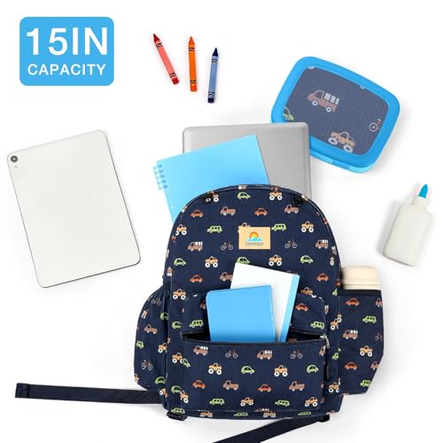 Image of STEAMEDBUN Corduroy Kids Backpack for Boys and Girls 5-8: Boys Backpack for Elementary Kindergarten - 15 inch Cute Backpacks for Kids - Car