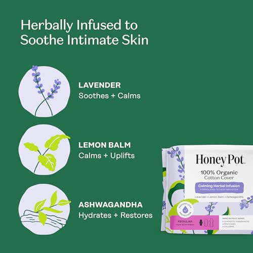 Image of Honey Pot - Calming Herbal Regular Sanitary Pads for Women - 100% Organic Cotton Top Sheet - Feminine Care - Non Cooling - Calming Herbs of Lavender, Ashwagandha, & Lemon Balm - 80ct