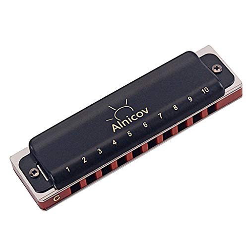 Alnicov Harmonica 10 agujeros 20 melodías boca Organ Blues Deluxe Armónica clave de C Diatonic con funda y paño de limpieza para niños, adultos, principiante y profesional, negro + vino rojo